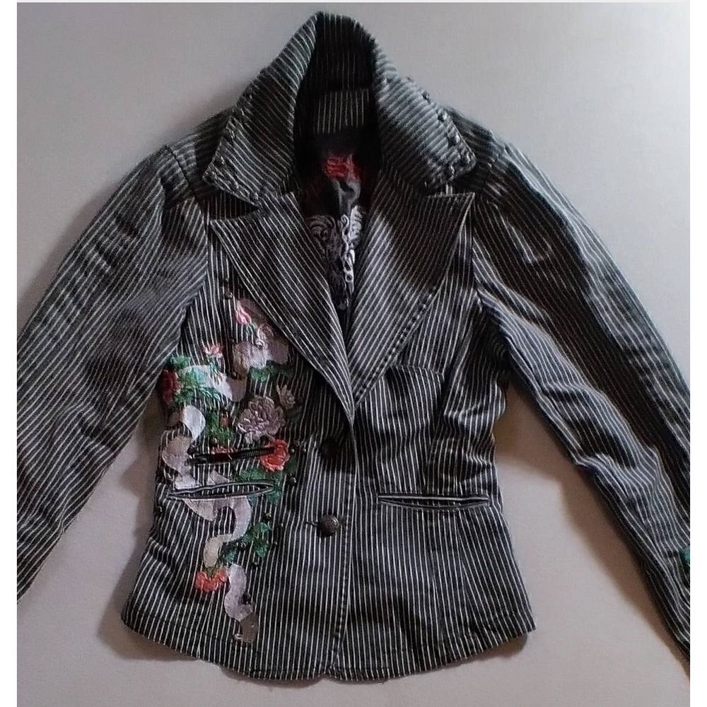 LOVE STITCH KHAKI BROWN PINSTRIPED ROSE EMBROIDERED JACKET SIZE SMALL COTTON